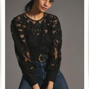 NWT By Anthropologie Black Cotton Lace Detail Blouse size Medium